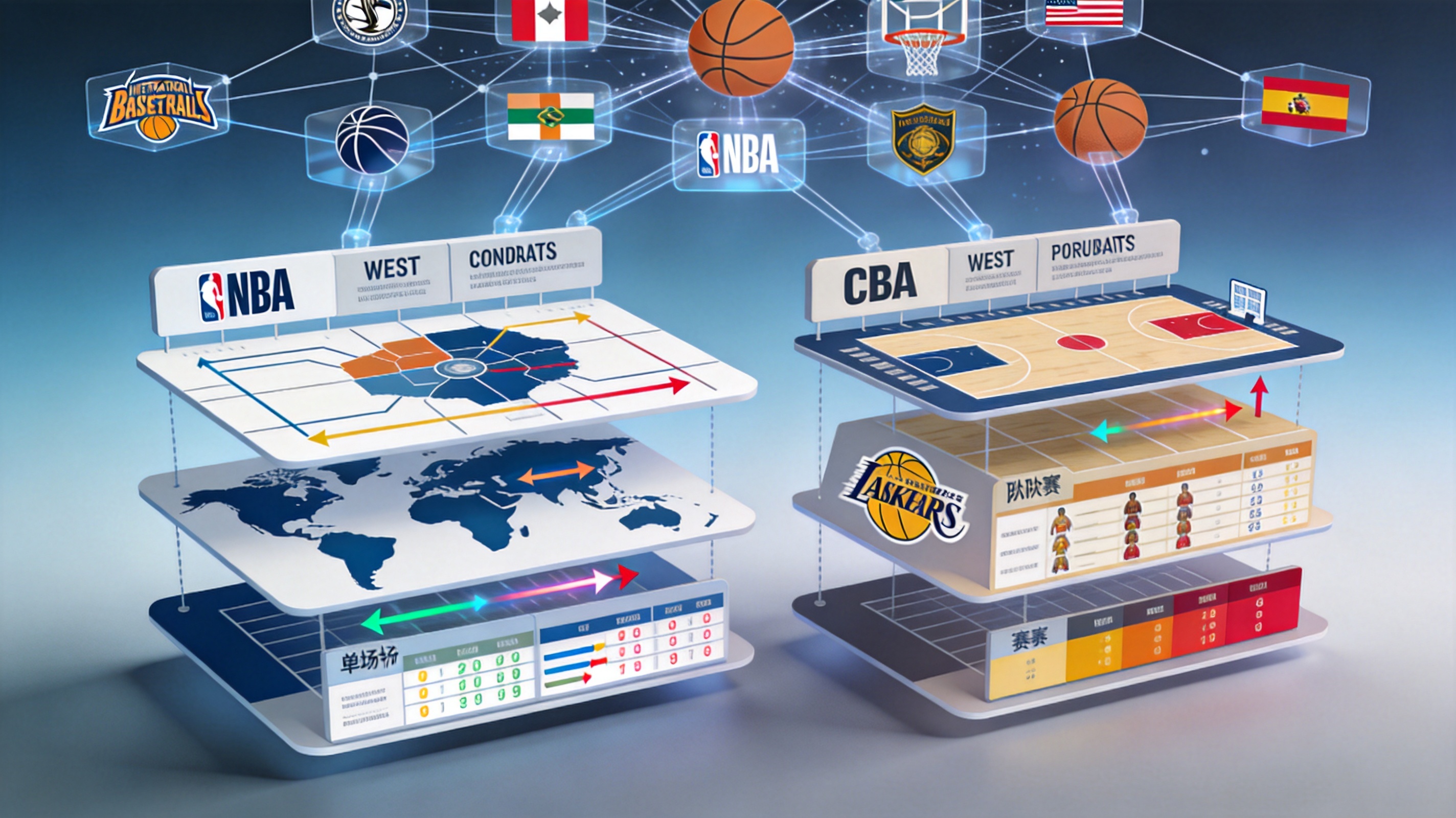 NBA 与 CBA 等篮球联赛的赛事覆盖范围与分组结构示意